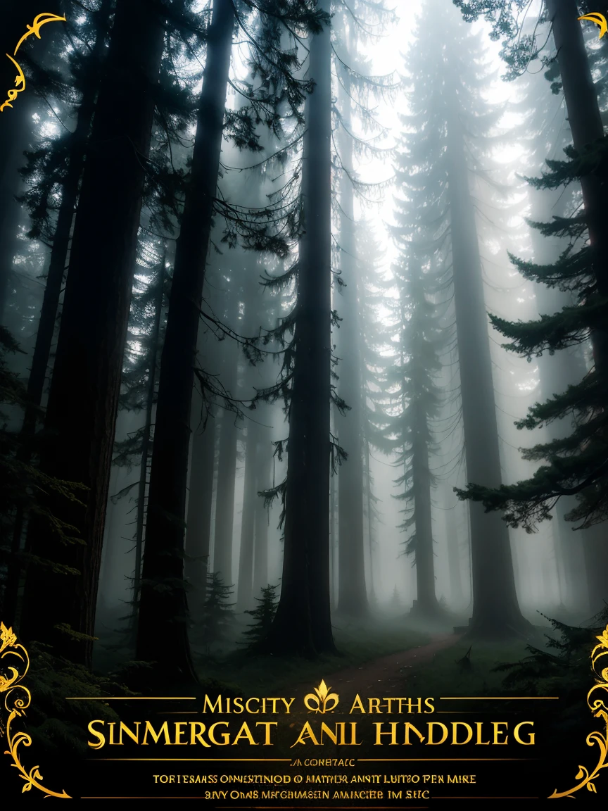 a misty forest background at night, with tall trees and a full moon partially hidden by clouds. Surrounding the central text are subtle gold musical note icons and classical instrument silhouettes. In the bottom right corner, a highlighted phrase: soft light effect illuminates the center of the banner, highlighting the text and creating a mysterious and captivating atmosphere.