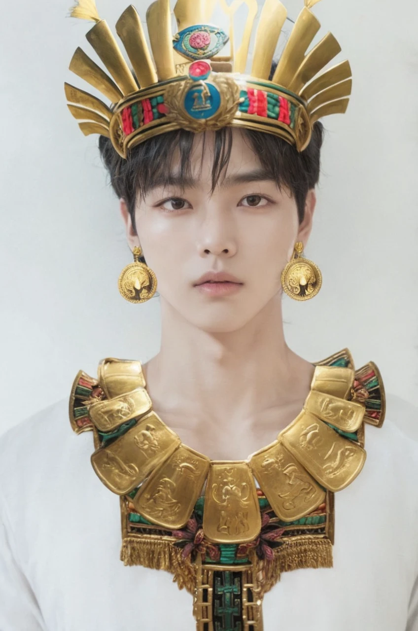 Hyunjun hur actor and kpop idol more realism in hair and clothing hair orange, Peru, inca Create a representation of an inca sitting on his throne, surrounded by riches and tributes. Imagine an Inca warrior leading his army into battle. Design a detailed portrait of an Inca dressed in his best outfits and jewelry. Draw an illustration of an Inca participating in a sacred ritual at a temple. Create an image of an Inca walking through the gardens of Machu Picchu, contemplating the majesty of the citadel. Design a mural that represents the daily life of the Incas in their empire. Imagine an Inca hunting in the Andes, surrounded by mountainous landscapes. Draw an illustration of an Inca celebrating a traditional festival with his people. Create an artistic representation of an Inca receiving tribute from different regions of the empire. Design a scene of an Inca consulting a shaman to make important decisions.