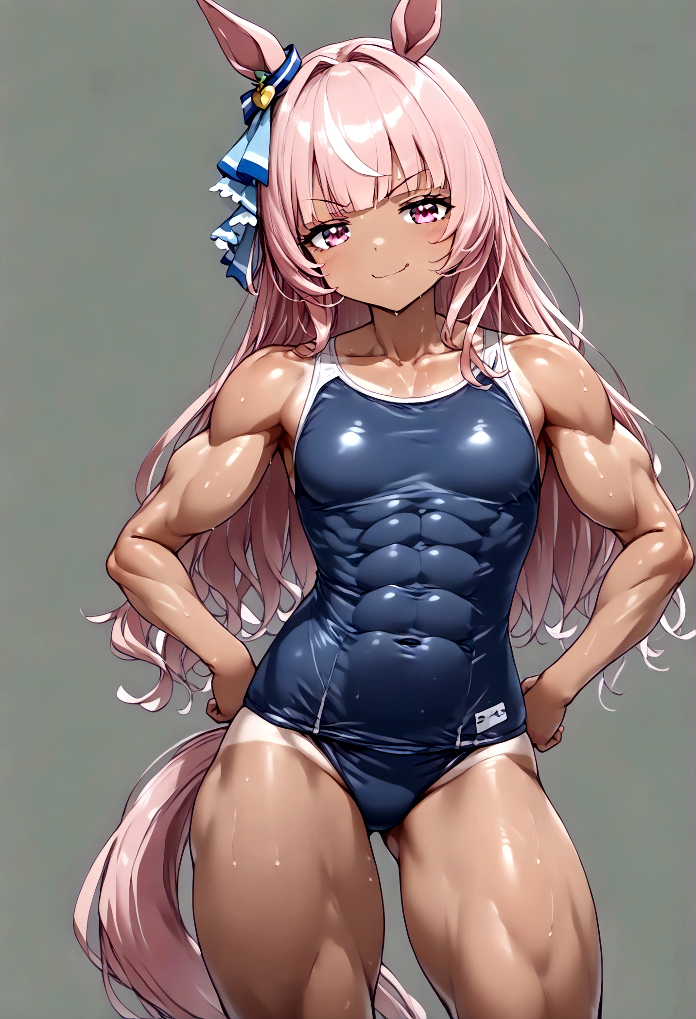 (((extremely young youthful tiny fastest agile child:1.4))) Urara Haru\(umamusume\),1girl, small breasts, laying on viewer, tan, sweaty, (amidst a stunning massive toned extremely powerful strong pronounced muscle tone pronounced tight side-defined build:1.3) with slim narrow waist, wide muscular hips leaning forward,pointed, feet to viewer feet sole,horse girl, horse tail, Pink hair, Pink eyes, horse ears, long hair, Smug mouth, (toned tight hypermuscular supermassive ripped swole abs toned pronounced extremely tight defined stunning pronounced toned side-defined build:1.4) ,nose (((solo, wearing a ultra-detailed realistic wet way too small tight Neopren Texture Naviblue one-piece Japanese small school swimsuit that has grown out of size much too small barely fits and presses the skin ab lines:1.4))), (Solo, very extreme supermassive thick swole oversized booty hips pelvis butt, extremely powerful toned pronounced swole overpowering Race horse legs:1.4)