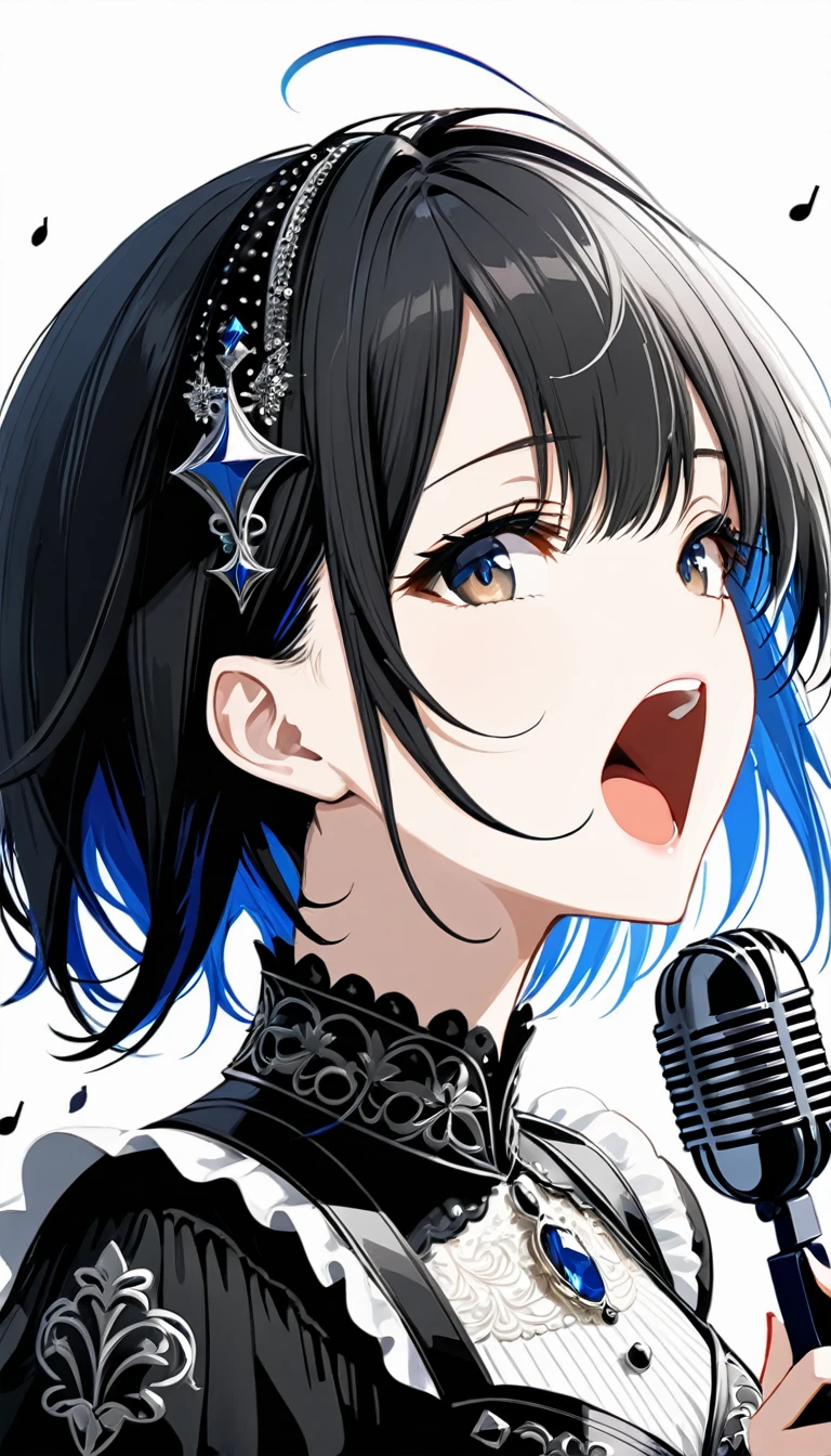 (((White background:1.2)))、masterpiece、Ultra HD、(Swedish metal rock girl singing with a microphone),  Intricate details, Highly detailed facial expressions, Gothic Dress, Intricate details、Black short hair、Open your mouth and sing joyfully、Upper body reflected、Dynamic