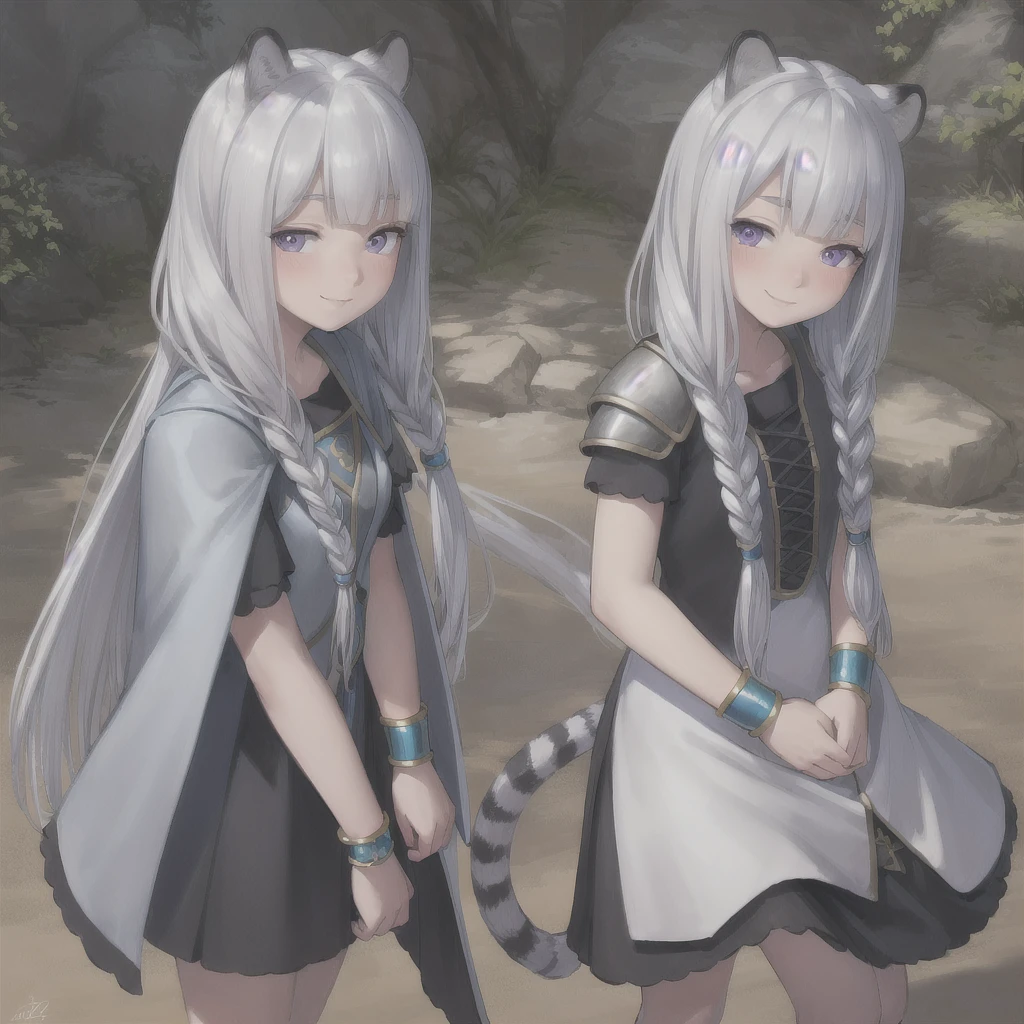 ((masterpiece)), (best quality), (ultra-detailed), photorealistic, (best illustration), ((an extremely delicate and beautiful)), 1girl, solo, long hair, tiger ears, [:tiger tail under:0.2], white hair, two-tone hair, full body, long blue cape, (Alternative outfit:1), platinum armor, cross-laced, standing, evil purple eyes, open eyes, smile, black skirt, short sleeves, detailed scenery, blue sky, horizon, low twin braids, twin braids, hair ornament, bracelet, (knight outfit:0.9), blush, no helmet, Cute but Formidable, girl knight, armor on body. 