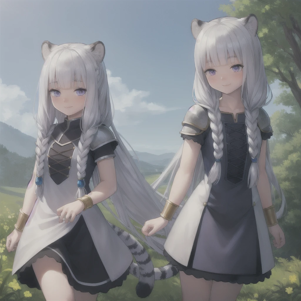 ((masterpiece)), (best quality), (ultra-detailed), photorealistic, (best illustration), ((an extremely delicate and beautiful)), 1girl, solo, long hair, tiger ears, [:tiger tail under:0.2], white hair, two-tone hair, full body, long blue cape, (Alternative outfit:1), platinum armor, cross-laced, standing, evil purple eyes, open eyes, smile, black skirt, short sleeves, detailed scenery, blue sky, horizon, low twin braids, twin braids, hair ornament, bracelet, (knight outfit:0.9), blush, no helmet, Cute but Formidable, girl knight, armor on body. 