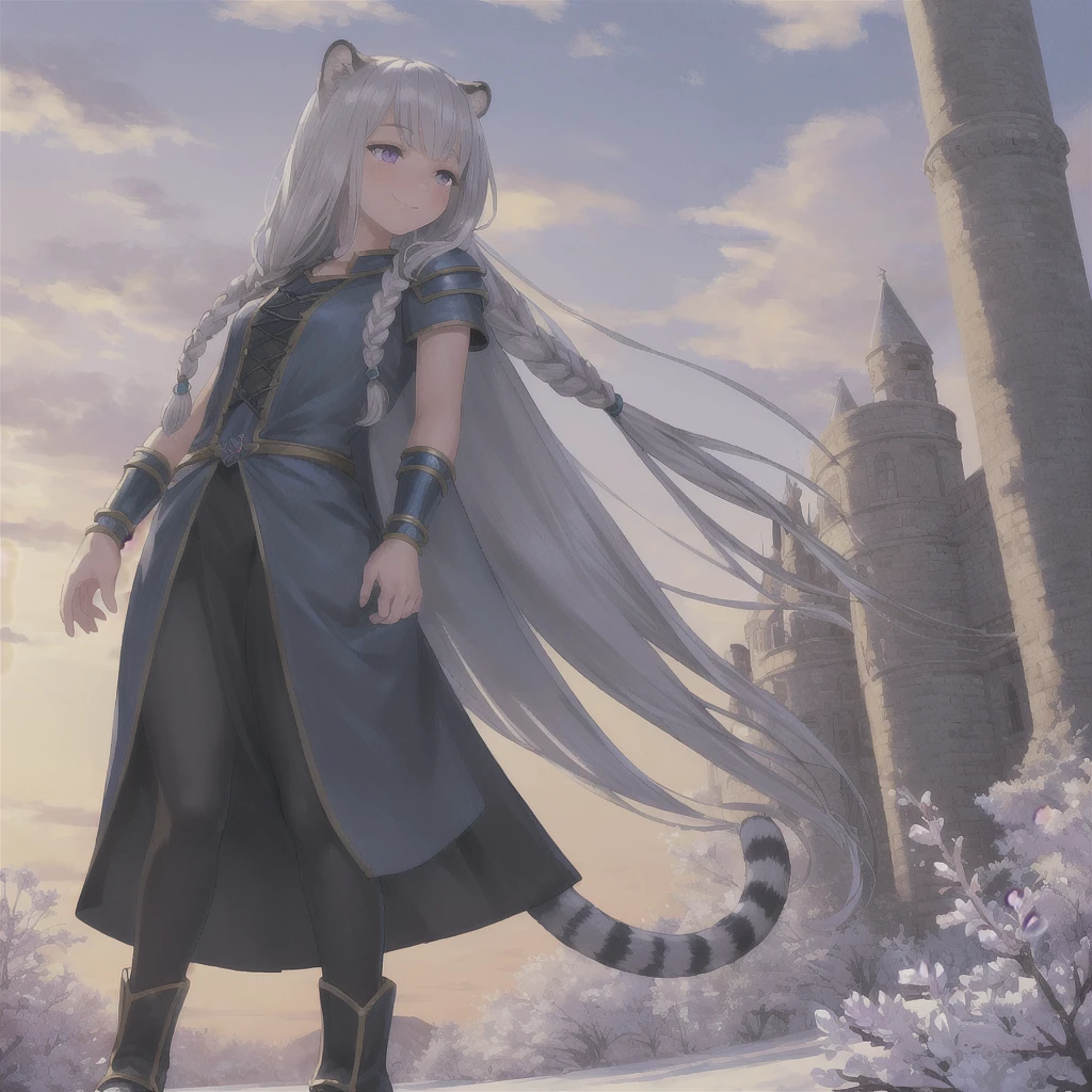 ((masterpiece)), (best quality), (ultra-detailed), photorealistic, (best illustration), ((an extremely delicate and beautiful)), 1girl, solo, long hair, tiger ears, [:tiger tail under:0.2], white hair, two-tone hair, full body, long blue cape, (Alternative outfit:1), platinum armor, cross-laced, standing, evil purple eyes, open eyes, smile, black skirt, short sleeves, detailed scenery, blue sky, horizon, low twin braids, twin braids, hair ornament, bracelet, (knight outfit:0.9), blush, no helmet, Cute but Formidable, girl knight, armor on body. 