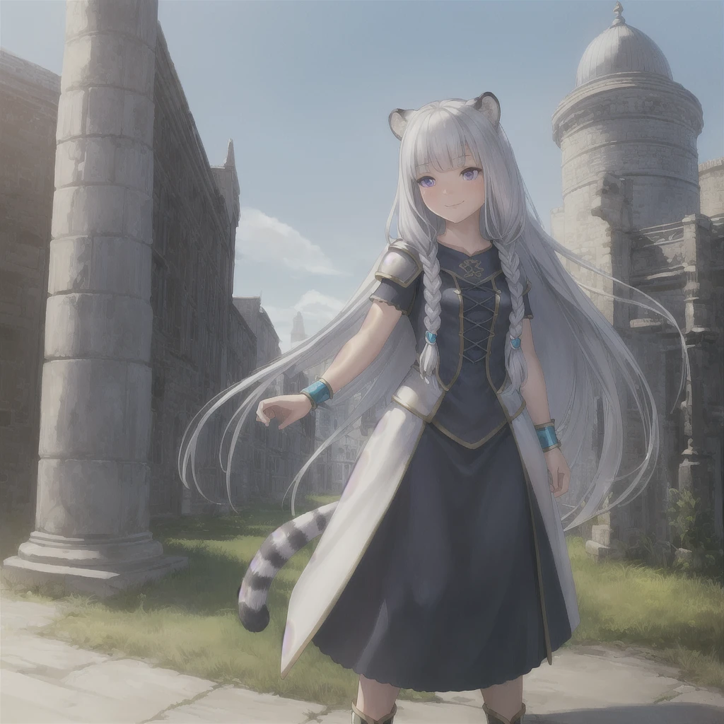 ((masterpiece)), (best quality), (ultra-detailed), photorealistic, (best illustration), ((an extremely delicate and beautiful)), 1girl, solo, long hair, tiger ears, [:tiger tail under:0.2], white hair, two-tone hair, full body, long blue cape, (Alternative outfit:1), platinum armor, cross-laced, standing, evil purple eyes, open eyes, smile, black skirt, short sleeves, detailed scenery, blue sky, horizon, low twin braids, twin braids, hair ornament, bracelet, (knight outfit:0.9), blush, no helmet, Cute but Formidable, girl knight, armor on body. 