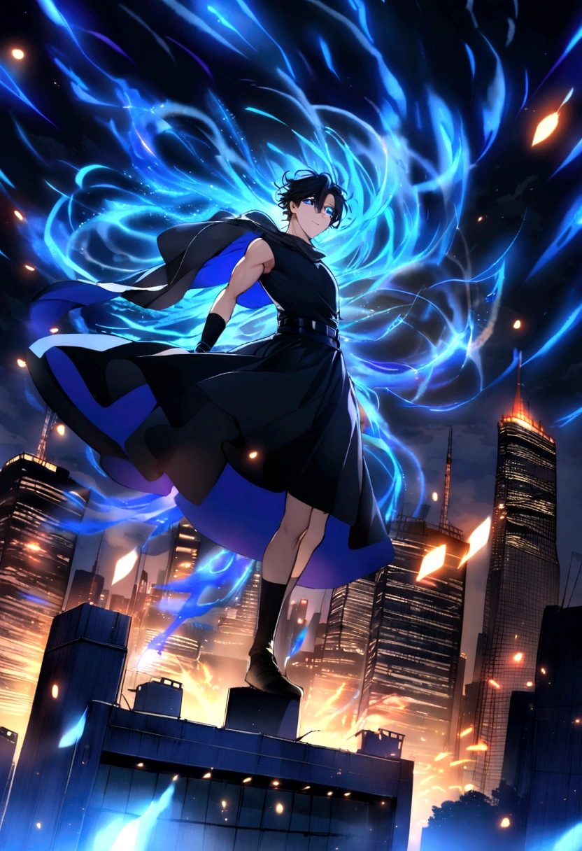 An anime man, Shinobi modern style black dress, Messy black hair in the wind, blue colored eyes, standing on top of a building smiling, dazzling blue light, Sparks of blue light surrounded the body, Dynamic light effects, The energy in the body is overflowing, impressive aura, city background, Meia-noite, full of construction light,