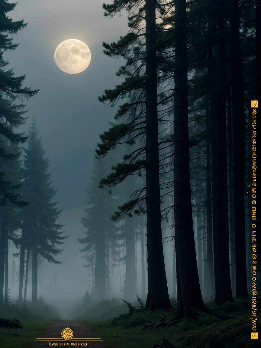 a misty forest background at night, with tall trees and a full moon partially hidden by clouds. Surrounding the central text are subtle gold musical note icons and classical instrument silhouettes. In the bottom right corner, a highlighted phrase: soft light effect illuminates the center of the banner, highlighting the text and creating a mysterious and captivating atmosphere.