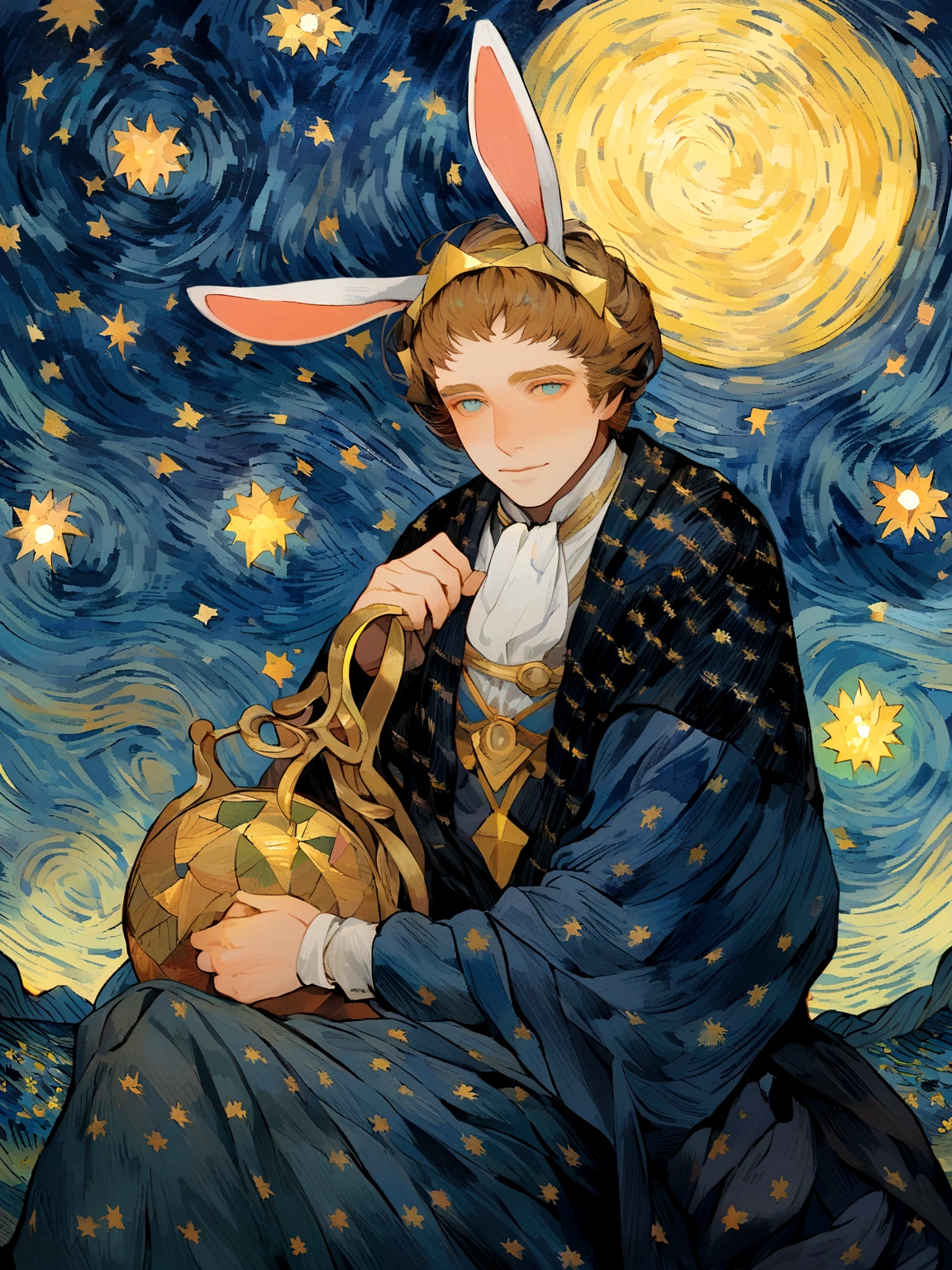 A man with bunny ears wearing antiquity clothes, Van Gogh's Starry Night Style