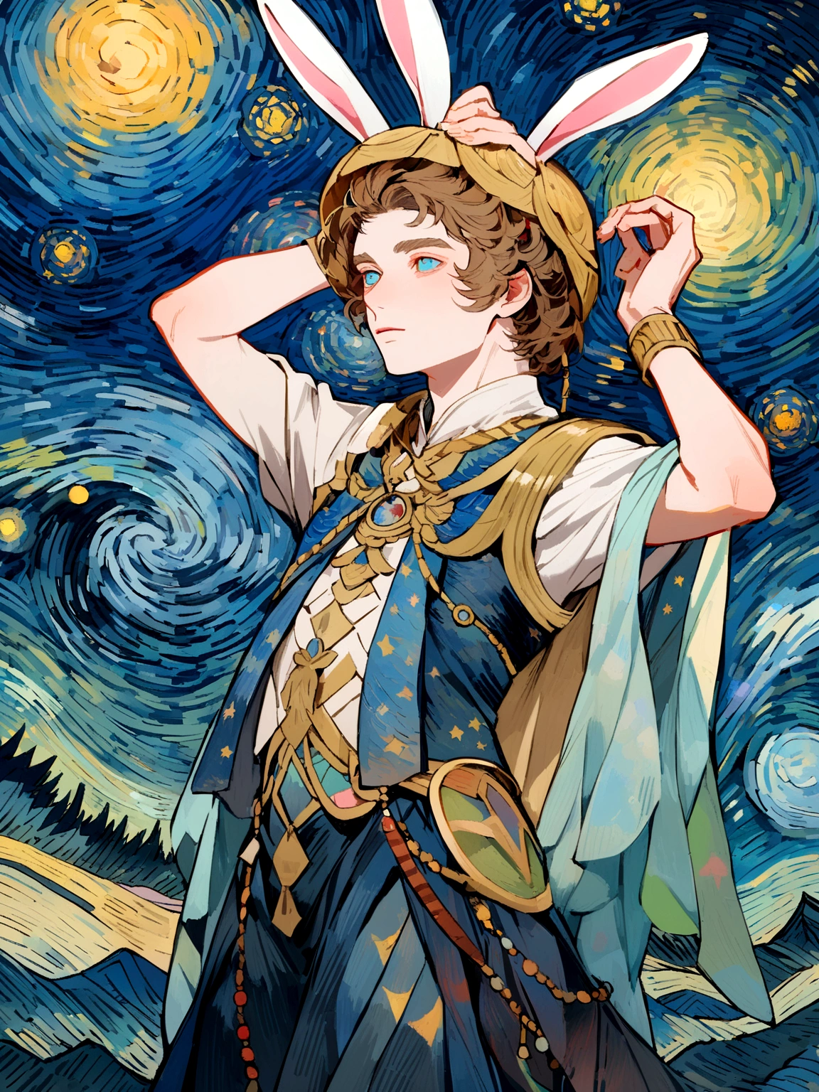 A man with bunny ears wearing antiquity clothes, Van Gogh's Starry Night Style