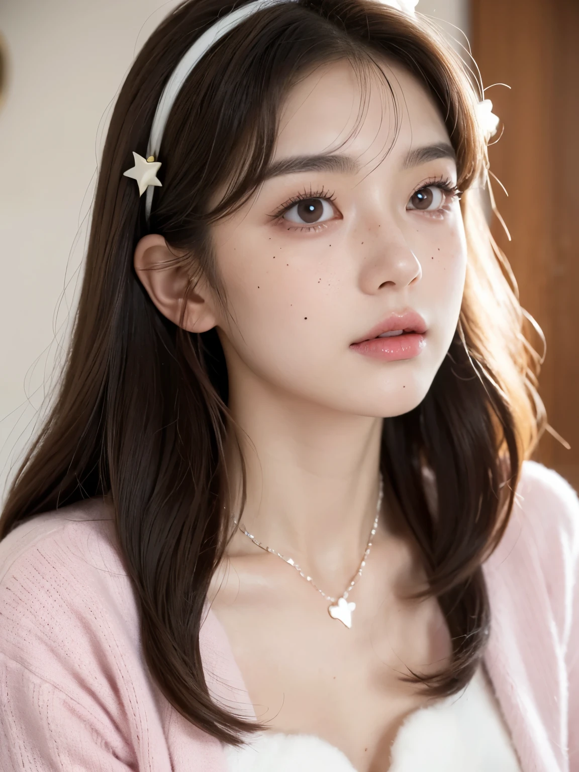 A beautiful woman with white-brown hair, curly at the ends, with two bows on each side of her hair, all her hair white-brown, with a star clip in her hair, light-colored eyes, beautiful, teary eyes, a pretty, upturned nose, teary nose, pink lips, heart and cupid shaped, pale, white skin, with freckles and moles all over her face, soft pink blush on her cheeks, natural pink blush, soft and pink makeup, resembling Yumeko Jabami, while wearing a Crochet YK2, with a YK2-style brown mini skirt, while wearing a jacket with teddy bear prints, with a naked, slim, toned and beautiful abdomen, (big, soft, beautiful breasts), while cosplaying as the character Yumeko Jabami from the anime Kakegurui, looking at the camera, taking a beautiful selfie 