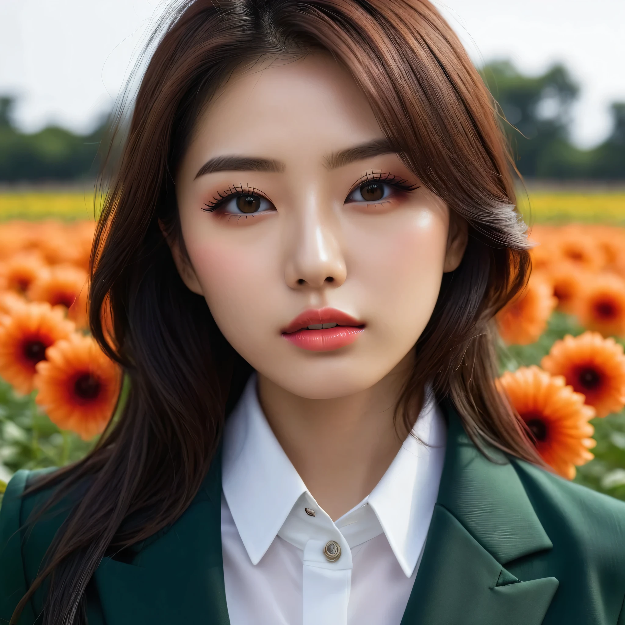 ((Make your subject look three-dimensional with the contrast of light and shadow)). photorealistic Realism 16K Quality: ((ultra absurd details quality realistic texture skin)), Photorealistic photo (portrait) a cute Japanese, 16 years old, Upper body photo, Looks sleepy, inattention, Open your mouth, (Hyper details realistic brown_eyes:1.25), ((finely details pupils:1.3)), Perfect makeup, (detailed symmetrical lips:1.3), ((V-line jaw)), pink_lipstick:1.3, (Hyper details eyelashes), (perfect dark_eyeshadows:1.25), (Detailed nose:1.2), (perfect composition), (Orange Cheek), ((White brown straight hair, (Long Hair, middle part:1.3)), (Hidden eyelid wrinkles:1.3), (The blazer he is wearing is dark green and has a gothic design.:1.28), (The subject was photographed from above at an angle:1.3), (Flower Field:1.3), (Face close-up)