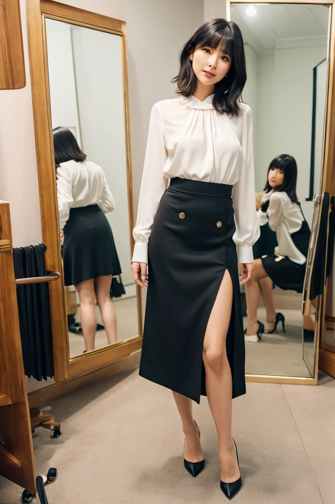 Suit, backstage at studio, talent agency manager,((full body)),((photo)),((best qualtiy, 8K, tmasterpiece:1.3)), Focus:1.2, perfect figure beautiful girl:1.4,1girl,cowboy shot,look at viewer,incredibly absurd, beautiful and cute girl with a photorealistic face, showcasing top-quality craftsmanship, Japanese woman standing in the dressing room for a commercial shoot, 20 years old, shoulder-length bob cut, thick, straight black hair with bangs, shiny black hair, large eyes, round face, long eyelashes, soft smile, thin eyebrows, small nose, glossy lips, smooth skin, fair skin, fine-grained skin, tall, slender figure, well-balanced proportions, delicate limbs, small B-cup breasts, white blouse, black tight skirt, heeled pumps, watch, earrings, pretty older woman, beautiful, neat, fashionable, cheerful, positive, curious, sociable, responsible, highly trusted by those around her, October