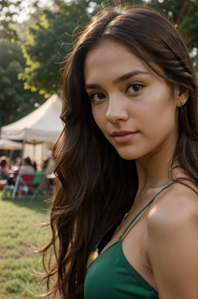 A photorealistic portrait of a 25-year-old brazilian girl with long, flowing brown hair, green and brown small eyes and skyn matt. She should have a natural, approachable expression and be illuminated by soft, golden-hour sunlight. The background should be a scenic outdoor setting, perhaps a sunlit park or party. Capture this image with a high-resolution photograph using an 85mm lens for a flattering perspective.

