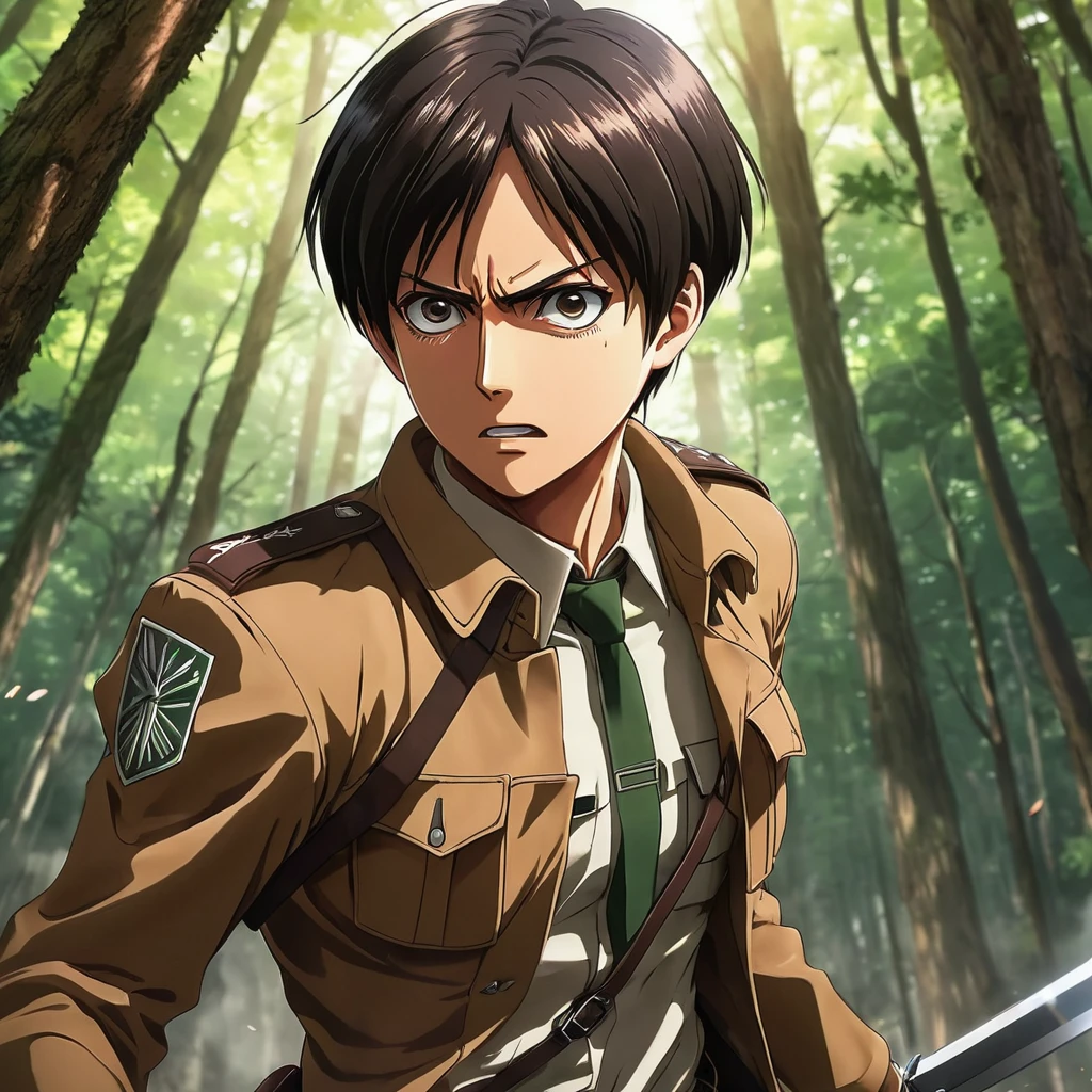 Eren Yeager, intense expression, Survey Corps uniform, vertical maneuvering equipment, windswept hair, forest background, action pose, dynamic movement, anime style, high detail, dramatic lighting, Attack on Titan theme.