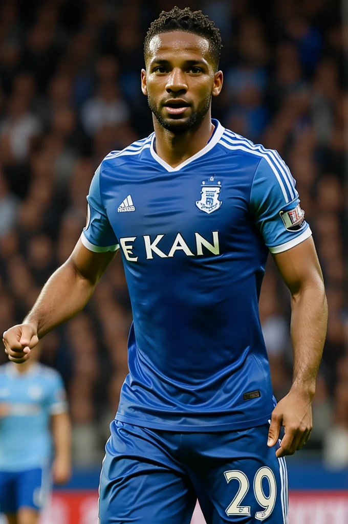 Create an image of a player wearing a blue and white shirt and who is 32 years old