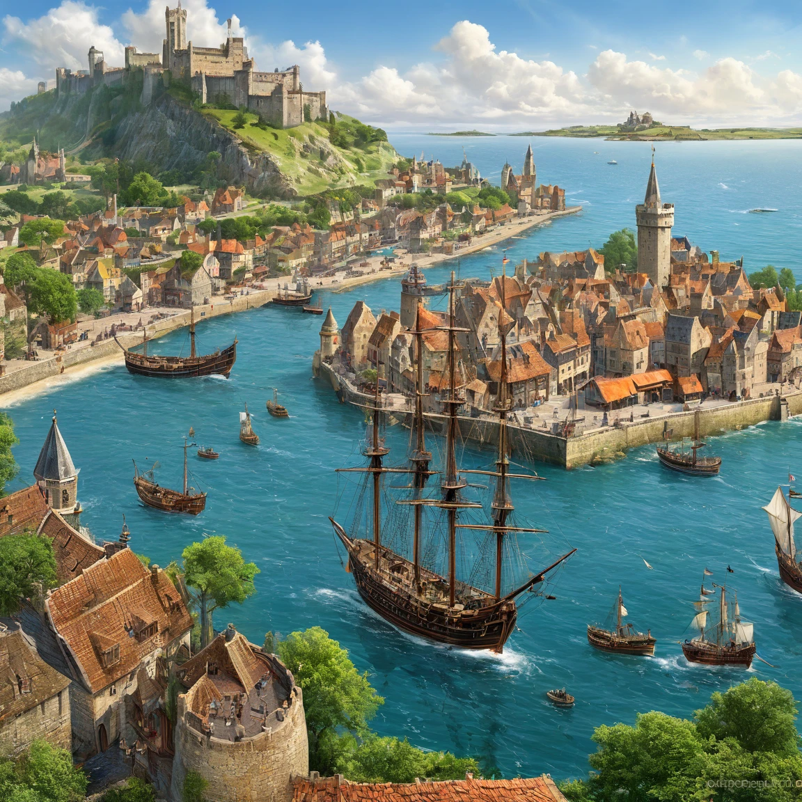 (best quality)), ((masterpiece)), ((realistic,digital art)), (super detailed), (giganstesque port de comMorece avec de nombreux quais), (medieval style), vast zone of which, ocean, More, ships sailing out to sea