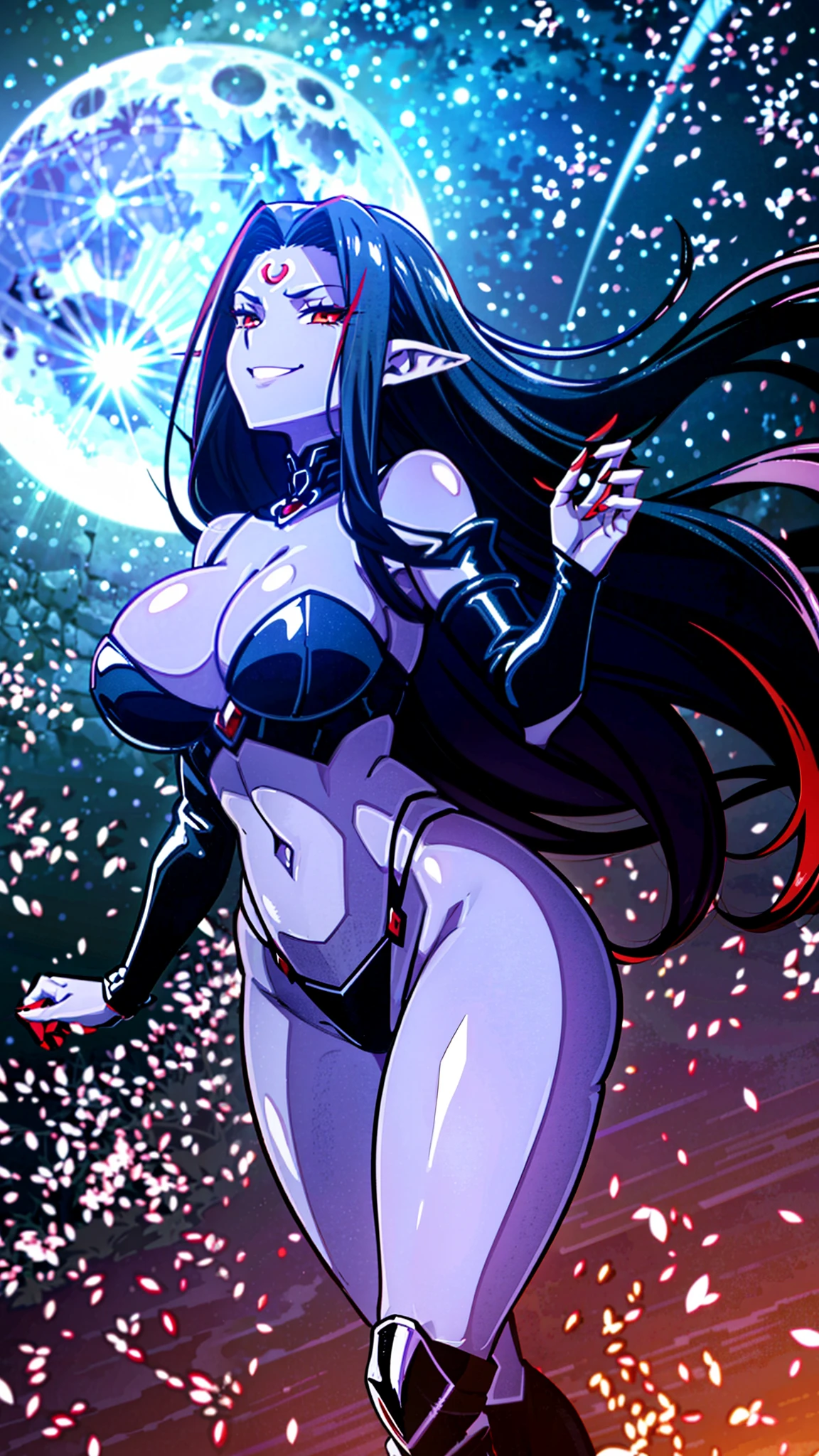 1girl,mature female,30s,sensual face,black armor,cleavage,medusa hair,sexy,pointy ears,black hair((red skin,colored skin)),night,moon,night sky,floating,thighs upward view,evil smile,dancing on sky