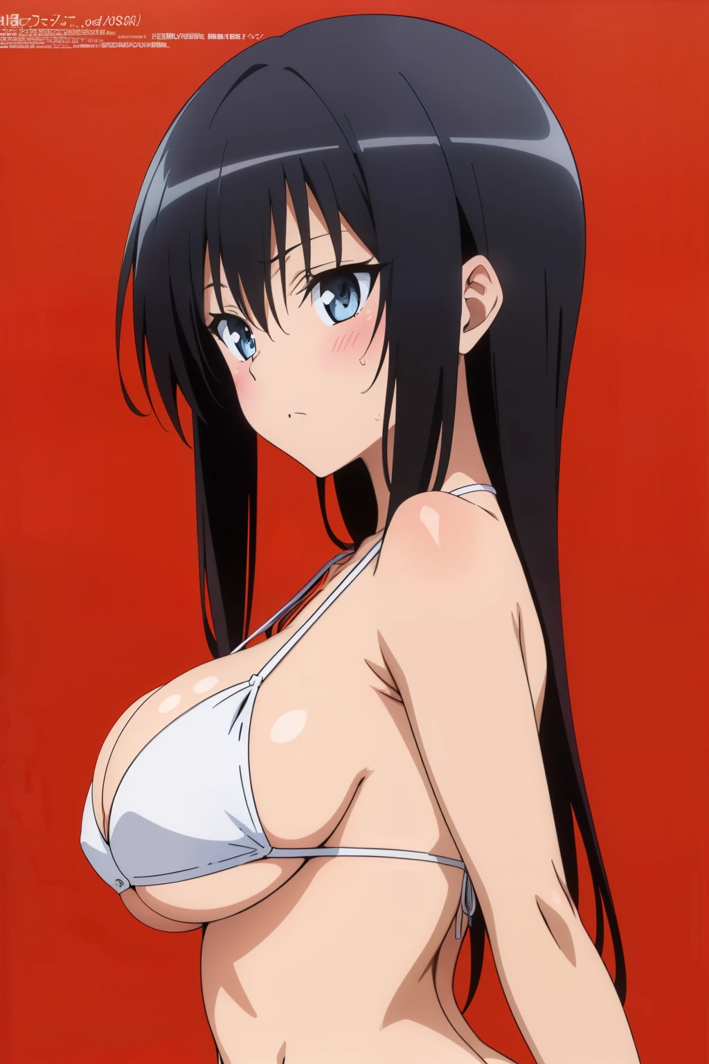 (masutepiece, Best Quality, High resolution, anime colours, megami magazine:1.2, anime poster style, anime keyvisual, sharp, 8k, photorealistic), from side, (beautiful eyes:1.5, beautiful face), Kotegawa Yui, 1girl, solo, Cute, blush, (Long Black Hair), (sagging huge breasts, sideboob, underboob), (white bikini), cleavage, (arm behind back, upper body, standing), (Perfect detailed Anatomy, beautiful detailed hair, perfect detailed body:1.2, shiny skin), (thick outline, Beautiful outlines, black outlines), simple background,