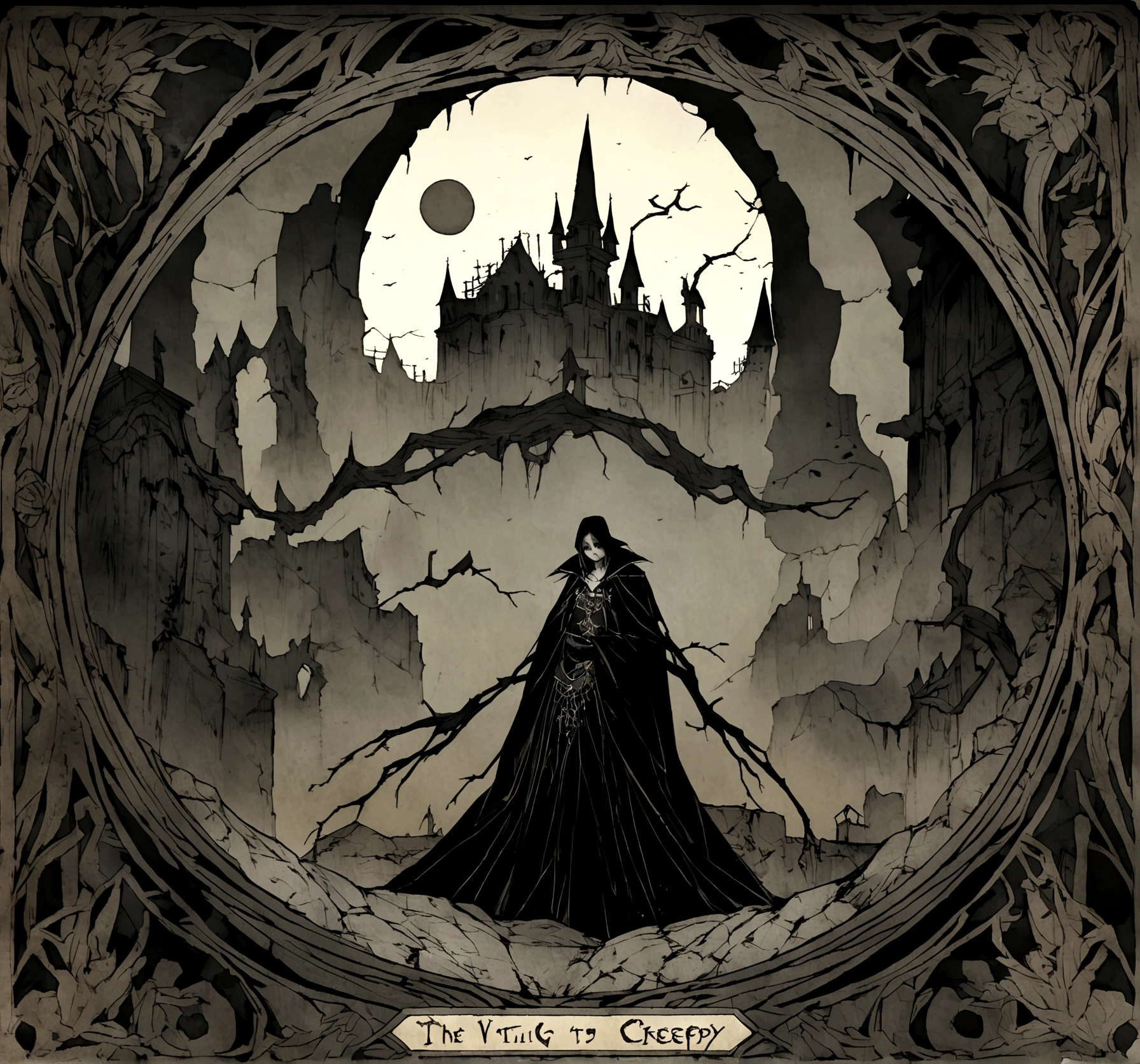Create a tarot card illustration that exudes a fantasy vibe with an eerie and creepy atmosphere. The card should appear old and worn, with visible scratches, rips, and signs of aging. Include mystical elements and dark, haunting imagery to enhance the creepy feeling. The card should have a vintage, Gothic aesthetic, reminiscent of ancient, otherworldly magic. no image just clear on the front