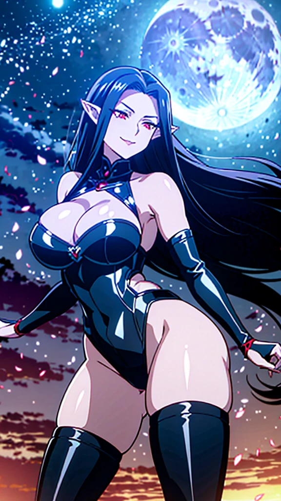 1girl,mature female,30s,sensual face,black armor,cleavage,medusa hair,sexy,pointy ears,black hair((red skin)),night,moon,night sky,floating,thighs upward view,evil smile,dancing on sky