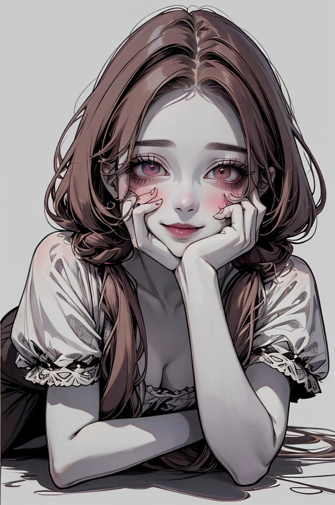 Top Quality, (Background detail), Empty eyes, Approaching on all fours, Full body, Twin tails, Underwear, High contrast, Super beautiful girl, Detailed original illustration, Sensual, Delicate face, Charming, Bad girl, Sexy, Looking at camera, Real breasts, Stalker, Crazy smile, Pale skin, Blood covered, dark hair, yandere, beautiful line drawing