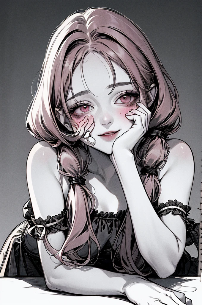 Top Quality, (Background detail), Empty eyes, Approaching on all fours, Full body, Twin tails, Underwear, High contrast, Super beautiful girl, Detailed original illustration, Sensual, Delicate face, Charming, Bad girl, Sexy, Looking at camera, Real breasts, Stalker, Crazy smile, Pale skin, Blood covered, dark hair, yandere, beautiful line drawing