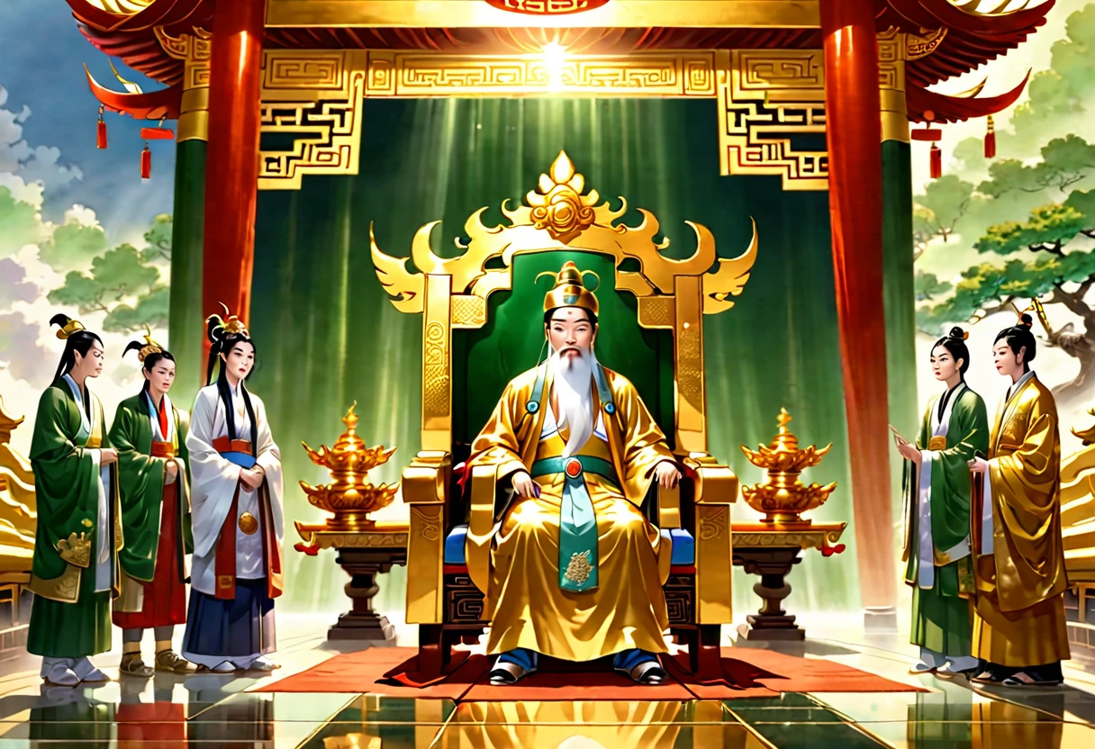 show a meeting between 2 people, a jade Emperor seated on a magnificent golden throne in the heavenly realm looks to a young farmer who is in simple clothing stands respectfully before him