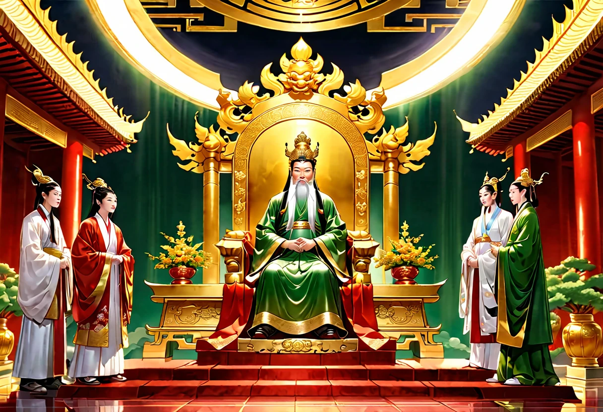 show a meeting between 2 people, a jade Emperor seated on a magnificent golden throne in the heavenly realm looks to a young farmer who is in simple clothing stands respectfully before him