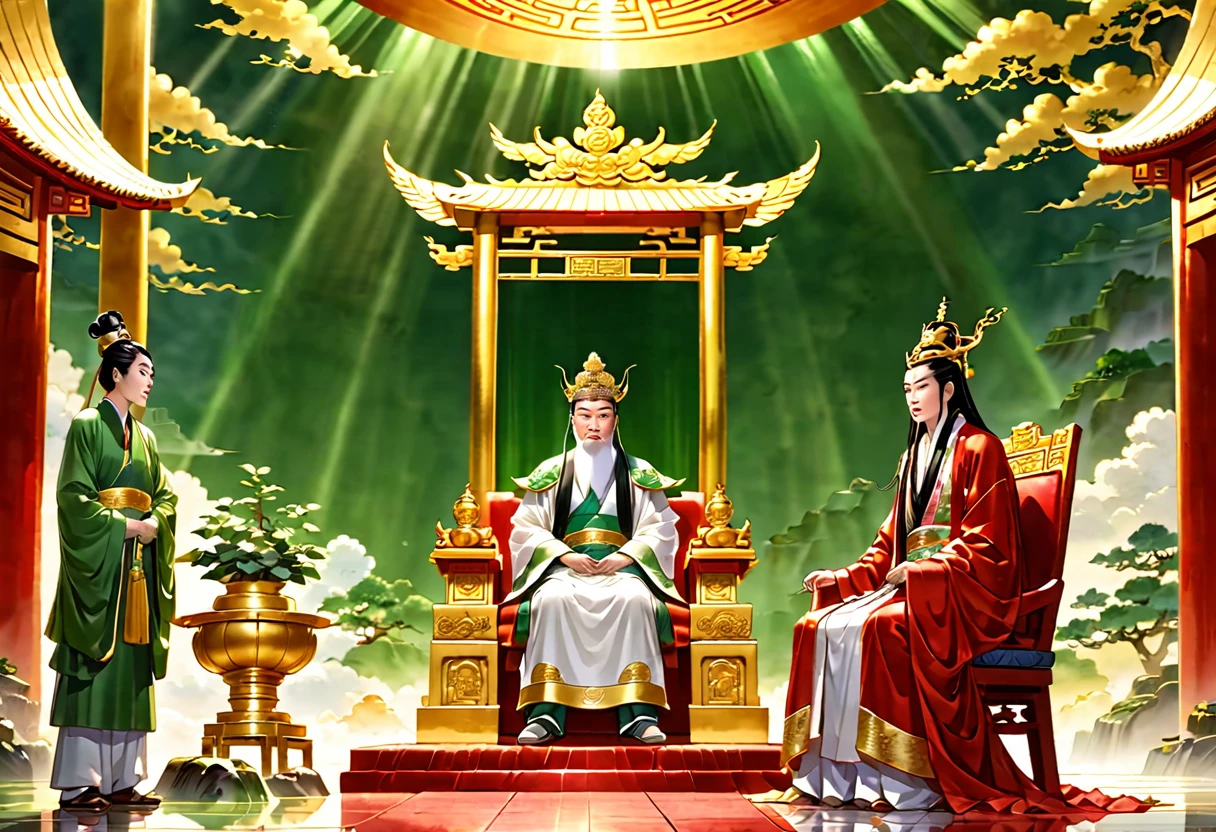 show a meeting between 2 people, a jade Emperor seated on a magnificent golden throne in the heavenly realm looks to a young farmer who is in simple clothing stands respectfully before him 