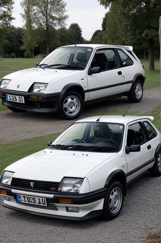 Une Peugeot 205 décorer avec du rose du bleu et du blanc