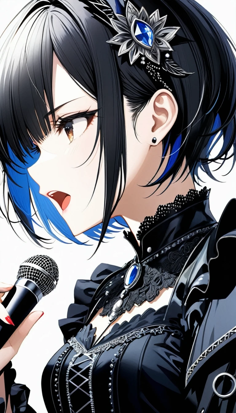 (((White background:1.2)))、((((very wide shot:1.2))),masterpiece、Ultra HD、(Swedish metal rock girl singing with a microphone), Intricate details, Highly detailed facial expressions, Gothic Dress, Intricate details、Black short hair、Open your mouth and sing joyfully、Upper body reflected、Dynamic,profile,Wear black boots、