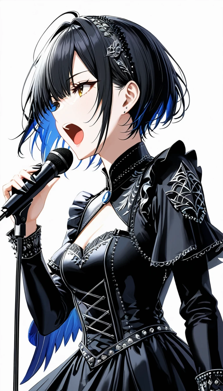 (((White background:1.2)))、((((very wide shot:1.2))),masterpiece、Ultra HD、(Swedish metal rock girl singing with a microphone),  Intricate details, Highly detailed facial expressions, Gothic Dress, Intricate details、Black short hair、Open your mouth and sing joyfully、Upper body reflected、Dynamic,profile,Wear black boots、