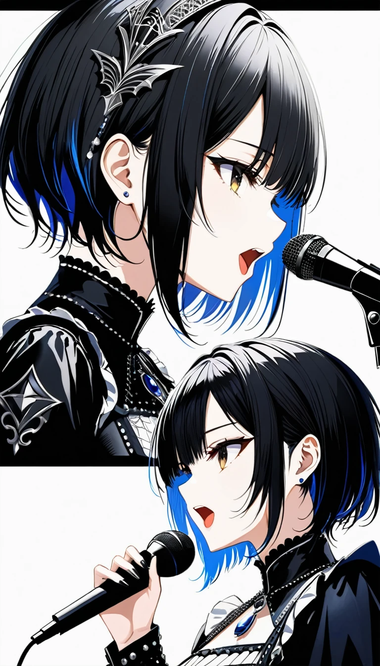 (((White background:1.2)))、((((very wide shot:1.2))),masterpiece、Ultra HD、(Swedish metal rock girl singing with a microphone), Intricate details, Highly detailed facial expressions, Gothic Dress, Intricate details、Black short hair、Open your mouth and sing joyfully、Upper body reflected、Dynamic,profile,Wear black boots、