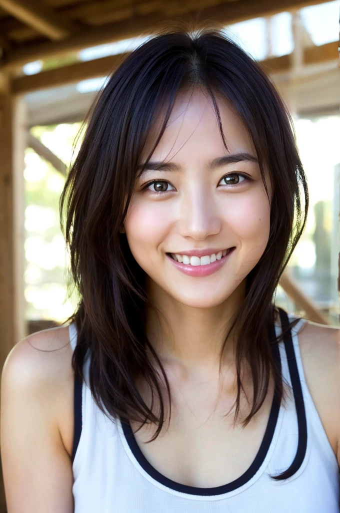 You are a professional photographer。future、Beautiful Eyes、 ((Highest quality)), Clear contours, Woman with beautiful face, (((One Girl,alone))), ((Beautiful Eyes)), Sex Appeal,Albedo and Specular Maps、Accurate simulation of lightweight material interactions、Mr.々A woman who takes a pose, Thin tank top, , Kazami Yuuka,  Complex Tank Top Light Smile、Travel abroad、Backlight