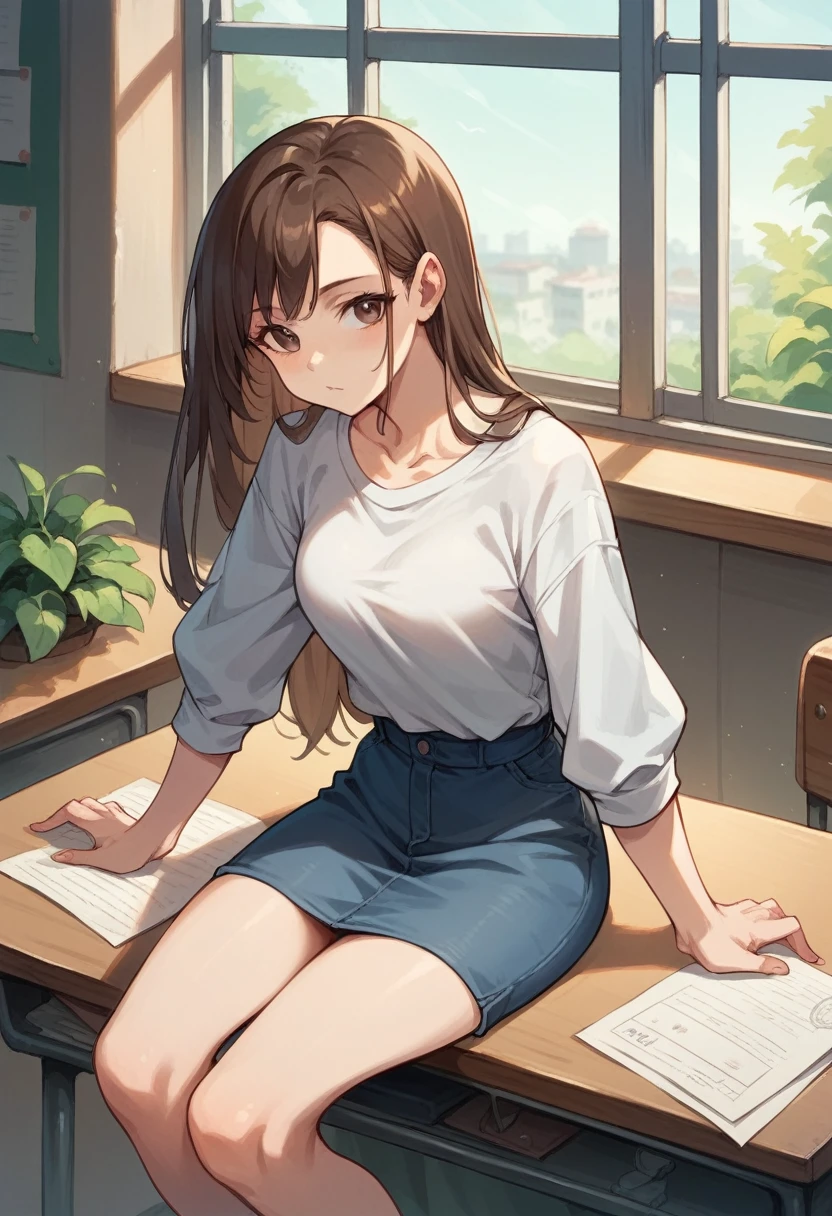SLIM WOMAN IN BLUE CASUAL CLOTHES SITTING AT DESK WITH BROWN HAIR BROWN EYES 