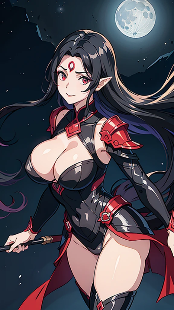 1girl,mature female,30s,sensual face,black armor,cleavage,medusa hair,sexy,pointy ears,black hair((red skin)),night,moon,night sky,floating,thighs upward view,evil smile,dancing on sky