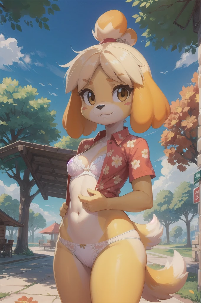 isabelle from animal crossing, anthro, beautiful girl, full body, attractive body, slim beautiful body, attractive beautiful face, flat chest, ultra hd, hdr,  intricate detail, masterpiece, 8k, nsfw, in the style of tsampikos, high saturation, glowing colors, short, chibi, cute, puffy cheeks, small boobs, tiny boobs, loli, lolicon, cute boobs, puffy , shimapan panties,  flat breasts, striped panties