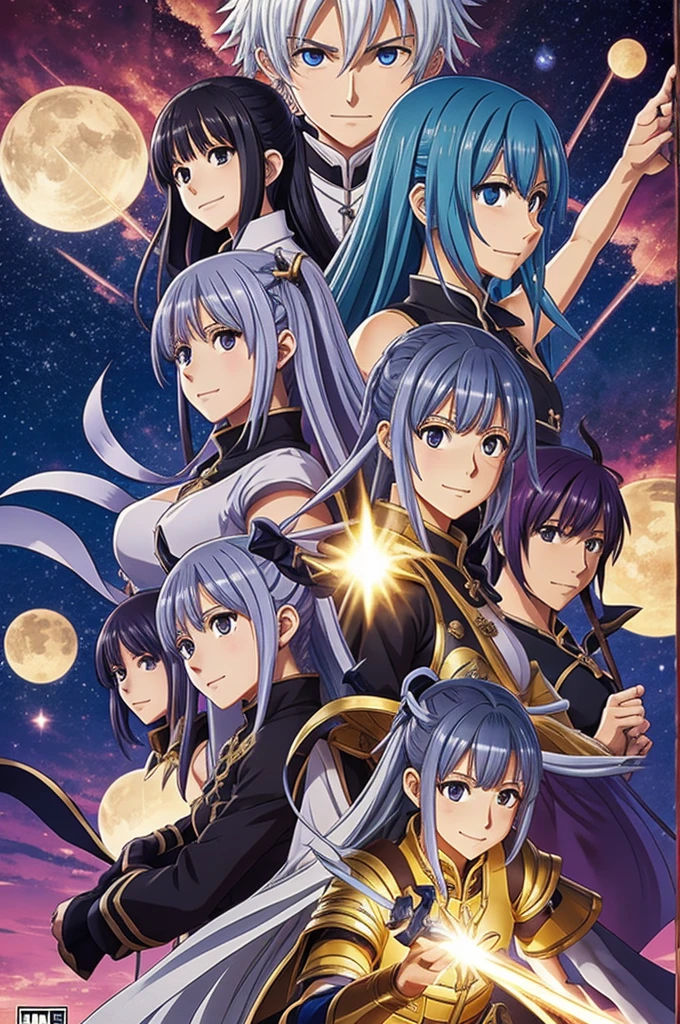 (anime style:1.2), a majestic zodiac, (1girl+4boys:1.1), dressed up in (zodiac_sign+horoscope), standing in front of an indigo skyline, with a full moon in the background,(white hair+black hair+red hair+blonde hair:1.1), dynamic poses, using their zodiac signs in their poses,(dragon+unicorn+scorpion+fish:1.1), golden hue, starry night, mystical atmosphere.