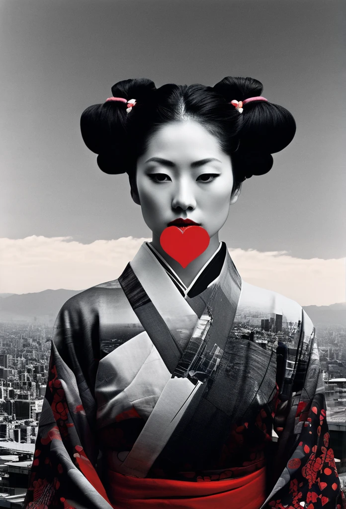 **Horizontal triptych Fusion Collage, multiple Exposure (Japanese Skyline, Heart, Love, Beauty), maximalist Environment, surreal female Samurai Illusion portrait, minimalist and ethereal, Red black white, boundaries dissolve the face of a woman in quiet contemplation, the delicate features disappear at the edges, dadaism woven through the simplistic forms abstract dreamscapes that echo surrealism woven through bizarre neoclassical simplicity