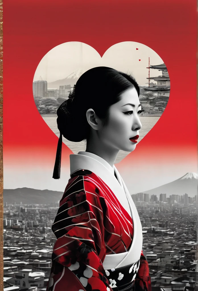 **Horizontal triptych Fusion Collage, multiple Exposure (Japanese Skyline, Heart, Love, Beauty), maximalist Environment, surreal female Samurai Illusion portrait, minimalist and ethereal, Red black white, boundaries dissolve the face of a woman in quiet contemplation, the delicate features disappear at the edges, dadaism woven through the simplistic forms abstract dreamscapes that echo surrealism woven through bizarre neoclassical simplicity