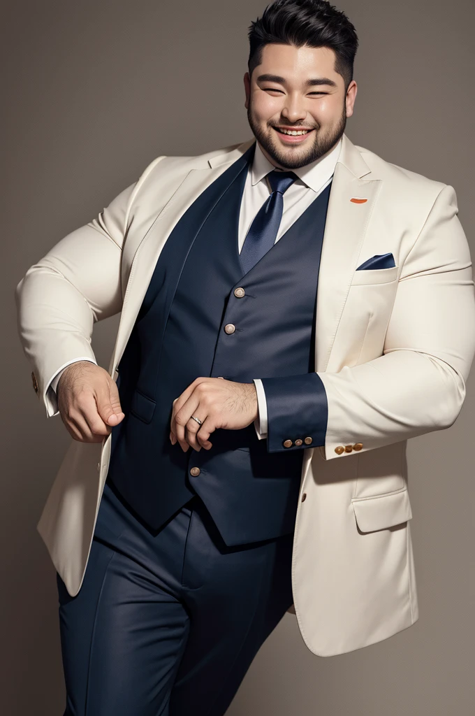 naughty man, offwhite, chubby, in a suit, smiling with your mouth closed