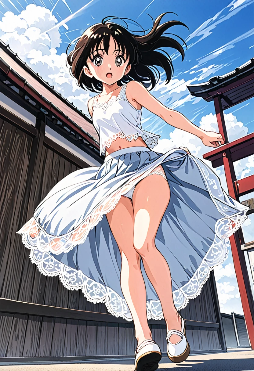 音無響子
Low - Angle、
Low - Angle、Long skirt、Hold down your skirt that is being blown up by the strong wind、Anime white in a strong wind、Crotch is visible
ローレグのパンツ、Color: White、
Crotch is visible、
、Lined、White lace lining、
