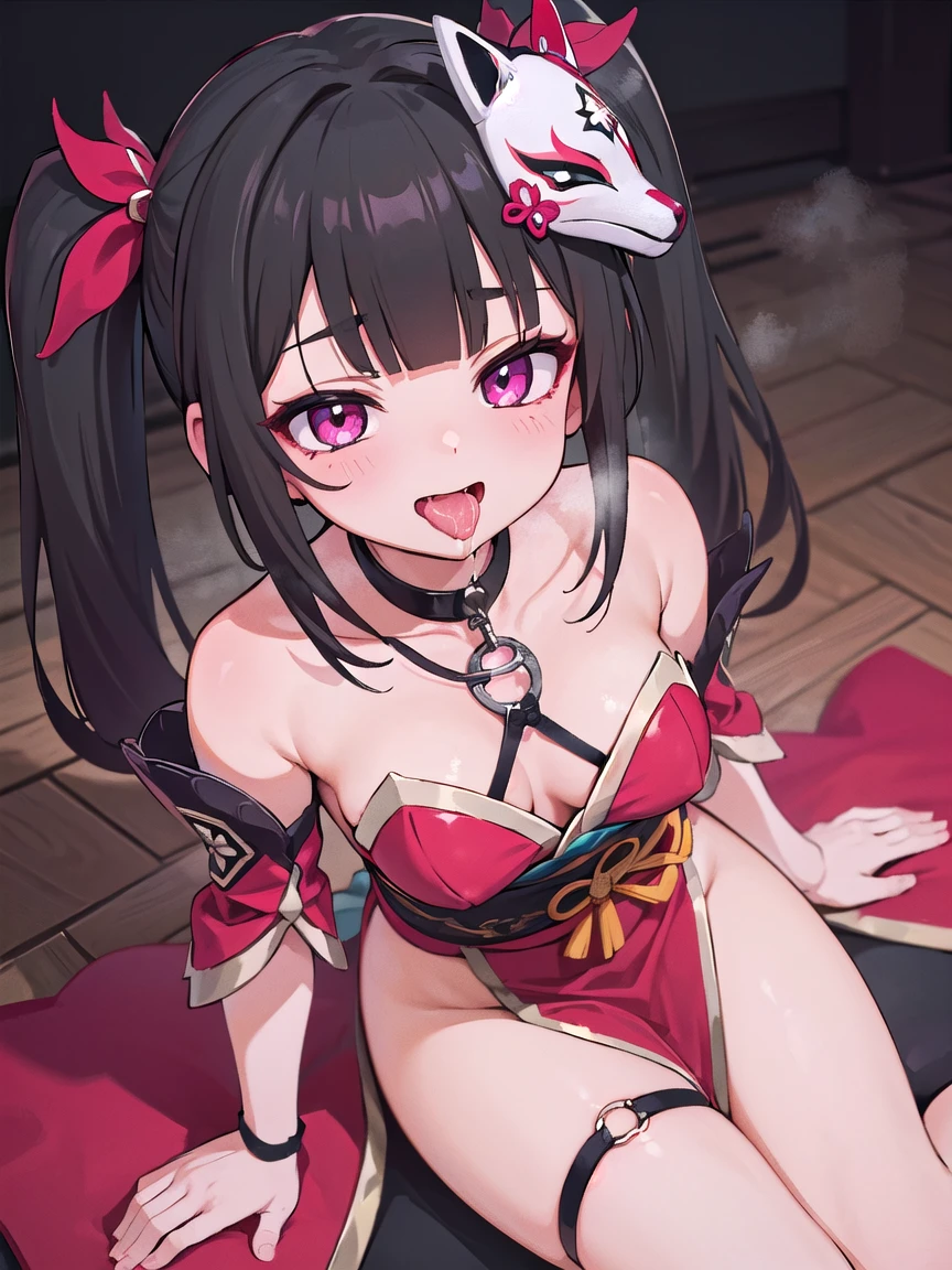 ((masterpiece,best quality)), high resolution, ultra detailed,8k,16k,detailed background, perfect lighting,detailed beautiful eyes, 1girl,solo,nsfw,embarrassed,blush,steam,breath,look at viewer,saliva trail,half-closed eyes,(happy smile:1.2),(oral,screaming,show mouth:1.3),ahegao,seductive eyes,face focus,from front,(from above:1.4),chin up,kneeling,be breathless,sweat,fisheye lens,stick tongue out,portrait,sparkle \(honkai: star rail\),(twintails, hair ornament,off shoulder kimono, mask on head, detached sleeves, choker, obi, single glove, wristband, criss-cross halter, thigh strap,short stature,little_girl,small breast,black hair,twintail,red eye),(anime style:1.2),living