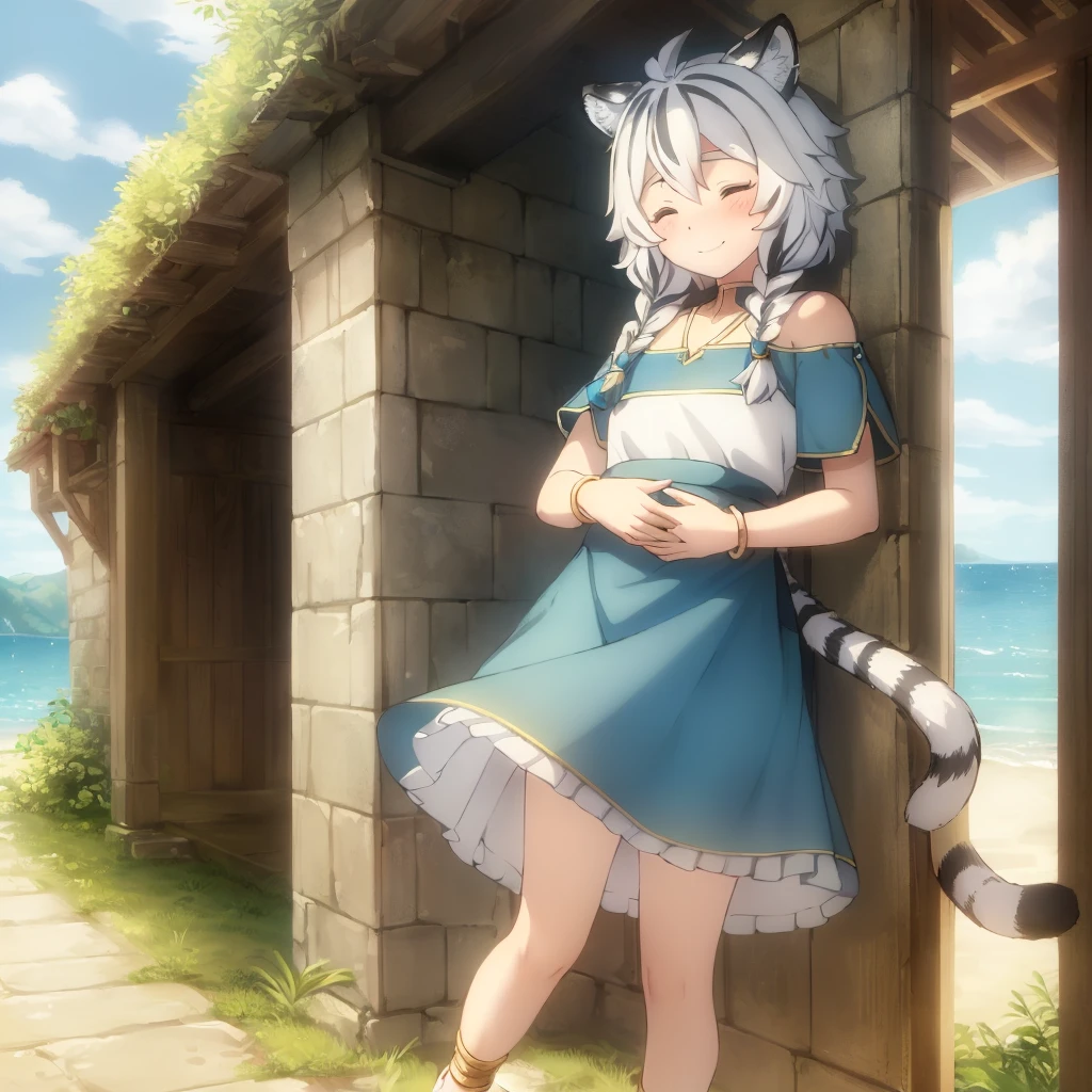 ((masterpiece)), (best quality), (ultra-detailed), photorealistic, (best illustration), ((an extremely delicate and beautiful)), 1girl, solo, long hair, tiger ears, [:tiger tail under:0.2], white hair, two-tone hair, feet out of frame, white dress, (green dress:1), multicolored dress, cross-laced, standing, closed eyes, smile, black skirt, short sleeves, detailed scenery, blue sky, horizon, low twin braids, twin braids, hair ornament, bracelet, (hand on own chest:0.9), blush