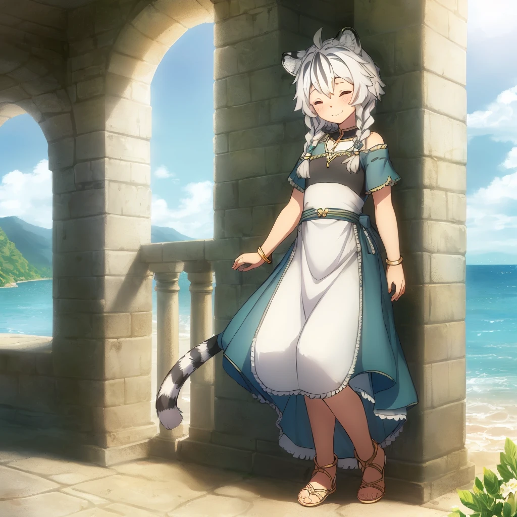 ((masterpiece)), (best quality), (ultra-detailed), photorealistic, (best illustration), ((an extremely delicate and beautiful)), 1girl, solo, long hair, tiger ears, [:tiger tail under:0.2], white hair, two-tone hair, feet out of frame, white dress, (green dress:1), multicolored dress, cross-laced, standing, closed eyes, smile, black skirt, short sleeves, detailed scenery, blue sky, horizon, low twin braids, twin braids, hair ornament, bracelet, (hand on own chest:0.9), blush