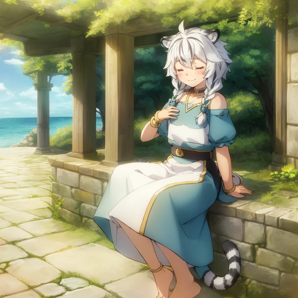 ((masterpiece)), (best quality), (ultra-detailed), photorealistic, (best illustration), ((an extremely delicate and beautiful)), 1girl, solo, long hair, tiger ears, [:tiger tail under:0.2], white hair, two-tone hair, feet out of frame, white dress, (green dress:1), multicolored dress, cross-laced, standing, closed eyes, smile, black skirt, short sleeves, detailed scenery, blue sky, horizon, low twin braids, twin braids, hair ornament, bracelet, (hand on own chest:0.9), blush