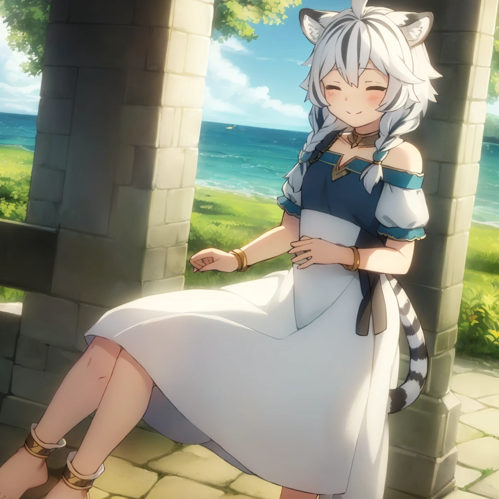 ((masterpiece)), (best quality), (ultra-detailed), photorealistic, (best illustration), ((an extremely delicate and beautiful)), 1girl, solo, long hair, tiger ears, [:tiger tail under:0.2], white hair, two-tone hair, feet out of frame, white dress, (green dress:1), multicolored dress, cross-laced, standing, closed eyes, smile, black skirt, short sleeves, detailed scenery, blue sky, horizon, low twin braids, twin braids, hair ornament, bracelet, (hand on own chest:0.9), blush