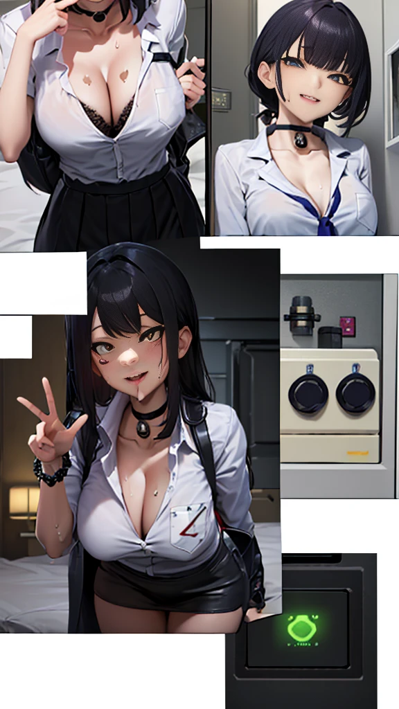 (Safety Sensor、approved、Can be viewed:1.8),masterpiece、Highest quality、Highest quality、Accurate the human body、Lighting to suit the mood、Accurate、Elaborate、masterpiece、Every detail of the face、Long-tailed, Dark Skin, Woman with dark skin, Side Ponytail, hair ornaments, Hair Clip, White shirt, Bra visible through clothes, Chest pocket, Black Choker, Blue tie, Purple scrunchie, bracelet,Latex Blue Pleated Skirt, Thigh straps, Simple Background, whole body, Detailed Background, Leaning forward, alone,Big cleavage、( Big Breasts、Ahegao Smile:1.3、Glowing oil skin:1.5, Sweat,vapor:1.5)、(Dim lighting:1.5, night:1.5, Love hotels in Japan :1.5、Lie down in bed)、((Many words:1.5、Many heartfelt voices:1.5))、Double Peace、The beauty of the eight-headed、Mature adult woman、Emotional :1.3、On the bed、sound、sound、Absolutely safe、Small face、Beautiful Girlfriend