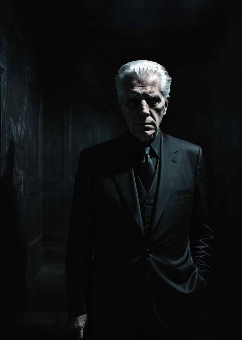 A old ghost George Watson man white hair black suit on the dark room