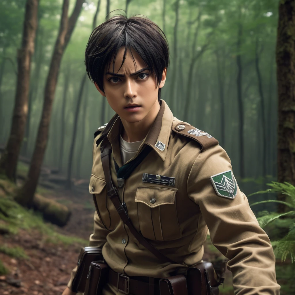 Eren Yeager, live-action style, intense expression, Survey Corps uniform, vertical maneuvering equipment, realistic textures, windswept hair, forest background, action pose, dynamic movement, high detail, dramatic lighting, cinematic."