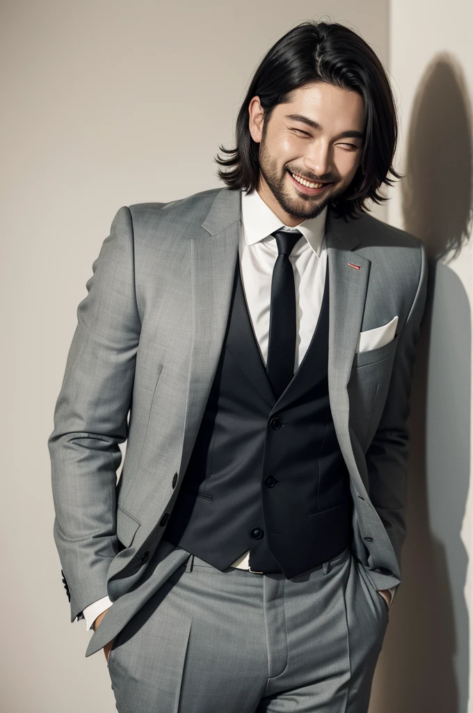 naughty man, offwhite, in a suit, smiling with your mouth closed